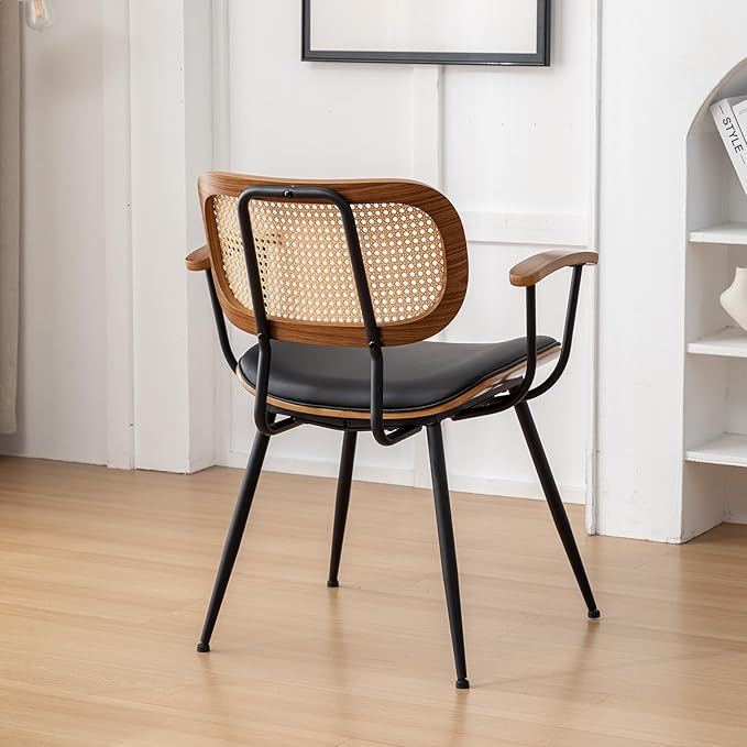Rattan Dining Room Chairs Set of 2,Mid Century Modern Kitchen Side Chairs,Metal Legs Desk Chairs,Faux Leather Accent Chairs with Arms and Rattan Backrest,Black PU