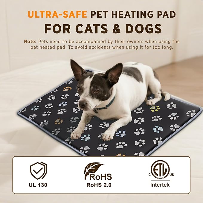 furrybaby Pet Heating Pad, Waterproof Dog Heating Pad Mat for Cat with Durable Anti-Bite Tube Indoor for Puppies Dogs Cats (1 Pack Black, 17 X 17in, Temp Adjustable)