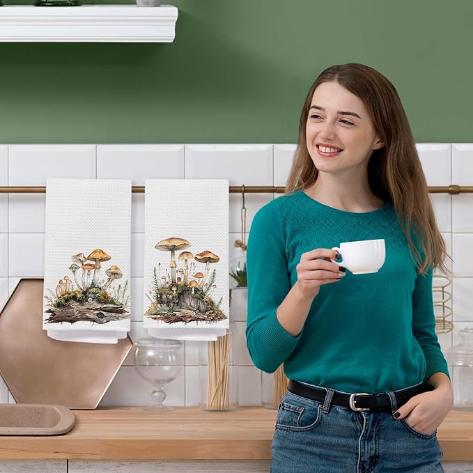 Mushroom Bathroom Decor Hand Towels, Mushroom Gifts for Women, Cottagecore Decor Dish Tea Towels, Rustic Botanical Mushrooms Hand Towel for Bathroom Kitchen, 16x24 Inch Set of 2