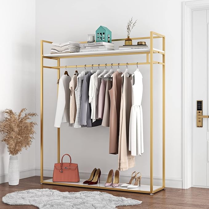 Heavy Duty Gold Clothing Rack with Shelves for Hanging Clothing, Gold Metal Freestanding Garment Rack for Retail Display (59" L)