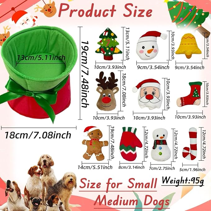 11pcs Set Christmas Dog Toys with Crinkle Flower Toys, Xmas Interactive Plush Dog Toys, Dog Enrichment Chew to Keep Them Busy, Dog Toy for Small Medium Large Puppuy Size