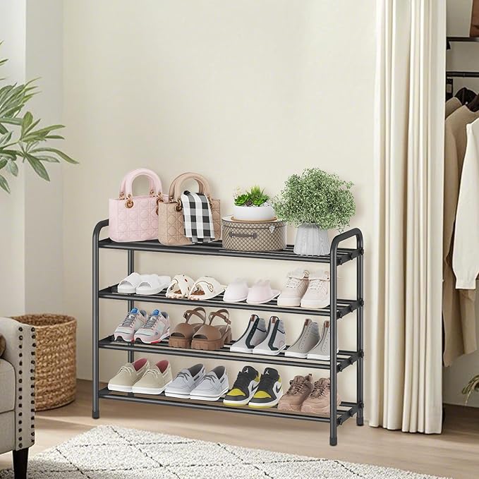 KANAV 4-Tier Expandable Shoe Rack – Adjustable Shoe Organizer & Shoe Storage for Closet, Entryway, and Front Door – Space-Saving Shoe Shelf and Rack Organizer for Home - Black