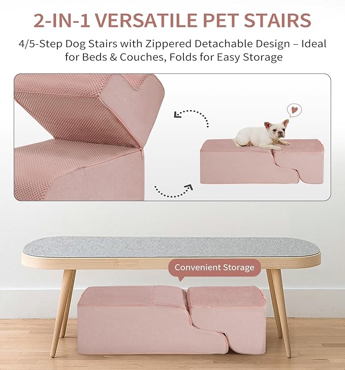 Made4Pets Dog Stairs Ramp for High Bed, 5-Step Pet Stairs for Bed Couch Sofa Climbing, 35D Foam Pet Steps for Small Dogs and Cats, Non-Slip Bottom Dog Steps, Pink