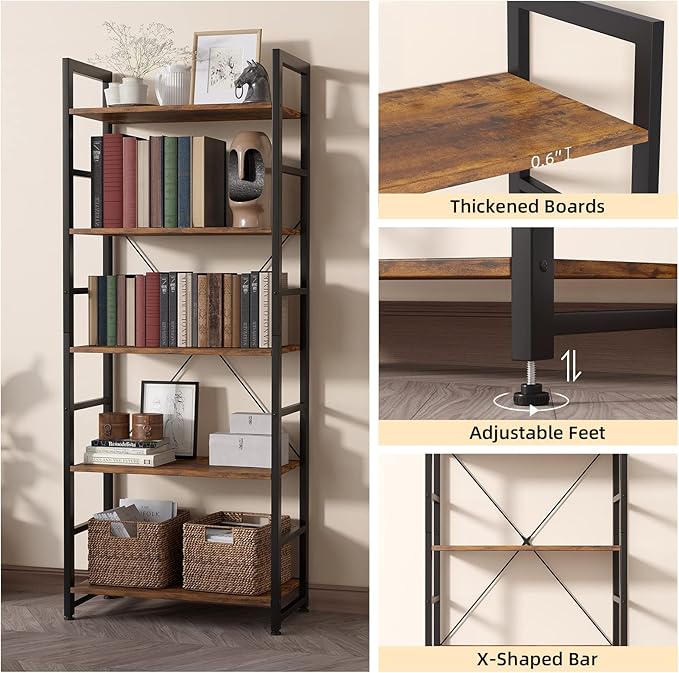 24" Bookshelf, 5-Tier Ladder Shelf, Industrial Bookcase, Wooden and Metal Storage Rack, Shelving Unit for Living Room Entryway Office, Rustic Brown Book Shelves