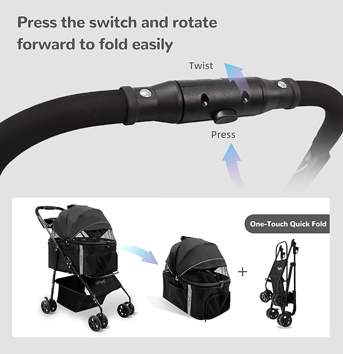 Pet Stroller,4 Wheels 3in1 Multifunctiona Dog Stroller with Brake,33lb Weight Capacity,Lightweight Portable One-Click Folding,Storage Basket Cup Holder,for Dogs/Cats Travel,Black