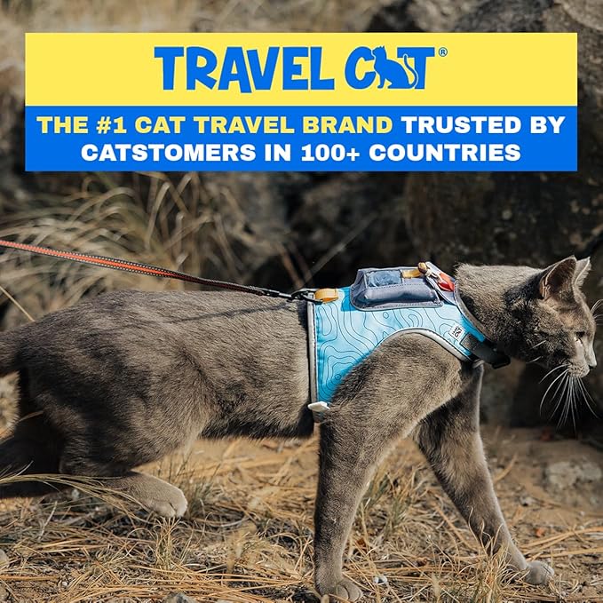 TRAVEL CAT The Pathfinder Cat Harness with GPS Tracker Pocket - Powered by Tractive Cat Harness Escape Proof - Walking Escape Proof Cat Harness for Small, Large, Kitten (Blue, Medium)