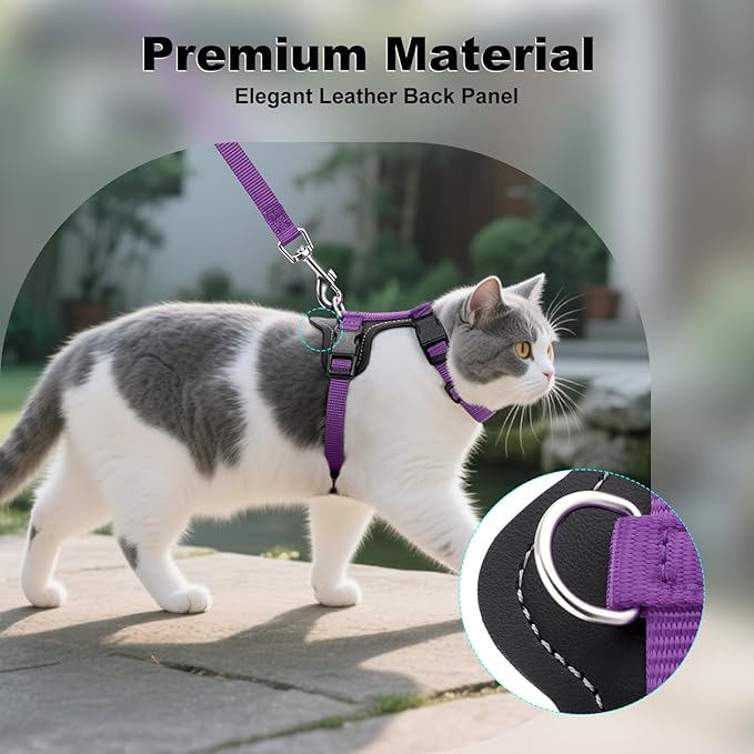 Plutus Pet Adjustable Cat Harness and Leash Set, Quick Release, Escape Proof Nylon Vest with Leather Trim for Kitten, Small Medium Large Cats, Purple