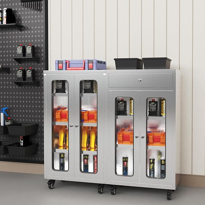 ZZV Stainless Steel Storage Cabinet with 1 Drawer, Rolling Kitchen Cabinet with Wheels, Heavy Duty Floor Cabinet for Kitchen, Garage, Restaurant, Outdoor, No Assembly Needed, D15.75 x W23.62 x H41.74