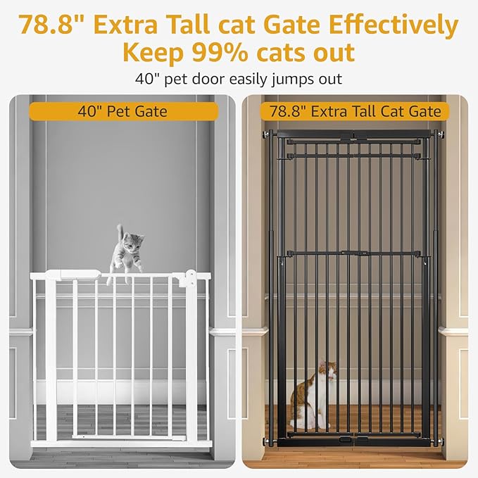 78.8" Extra Tall Cat Gate, 28.3-33" Wide Cat Door for Stairs, Pressure Mounted Easy Walk Through Safety Metal Pet Door for Doorway, No Drilling Pet Gate for Dogs (Black)