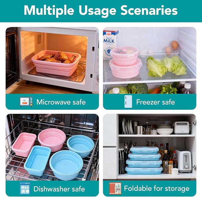4 Pack Collapsible Storage Containers with Lids, Reusable Silicone Food Containers Set for Kitchen & Dining, Space Saving Collapsible Bowls for Travel, Camping, Easy Storage