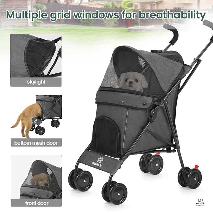 Wedyvko Umbrella Dog Stroller, Foldable Pet Stroller for Small Dogs Cats, with Carrying Strap and Cup Holder, Dog Poop Bags & Dispenser, Multicolor (Dark Grey)