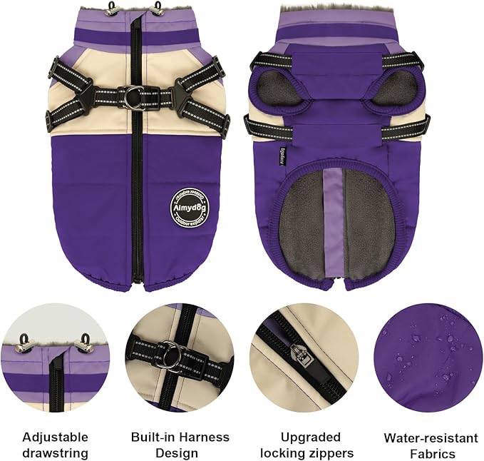Winter Coat - Waterproof Dog Jacket with Reflective Snow Jacket for Small to Large Dogs, Purple