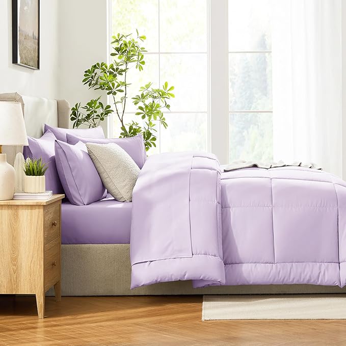 CozyLux Queen Comforter Set Lavender, 7 Pieces Bed in a Bag, Light Purple Comforter Queen Size, All Season Bedding Sets with Stitch Quilted Comforter, Flat Sheet, Fitted Sheet, Pillowcases