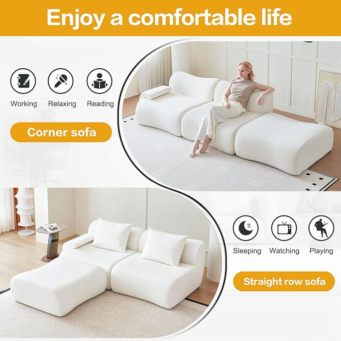 Sectional Couches for Living Room 114" Boneless Couch with Ottoman, Modular Sectional Sofa L Shaped Couch with 2 Seater, Cloud Couches Modern Compressed Sofas No Assembly