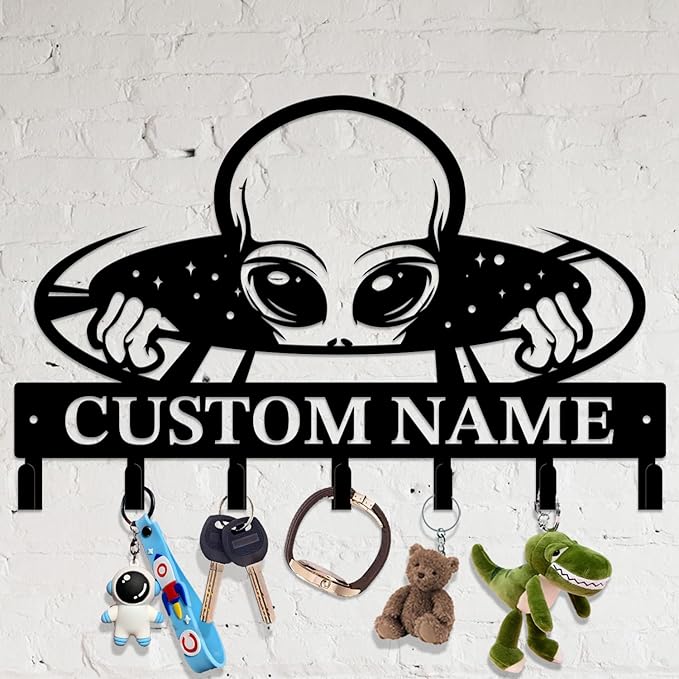 Personalized Custom Alien ET Metal Wall Keys Hooks,Clothes Hooks Alien ET Art Coat Racks,Door Holder,Black Alien ET Decorations for Home,Entrance Doors,Hallway, Bedroom,Keys,Hats (Style A)
