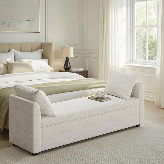 HULALA HOME Modern Storage Bench with Throw Pillows, 59.4" Extra Long Bedroom Ottoman Bench for End of Bed, Comfy Upholstered Footstool for Entryway Living Room Dining Room, Linen