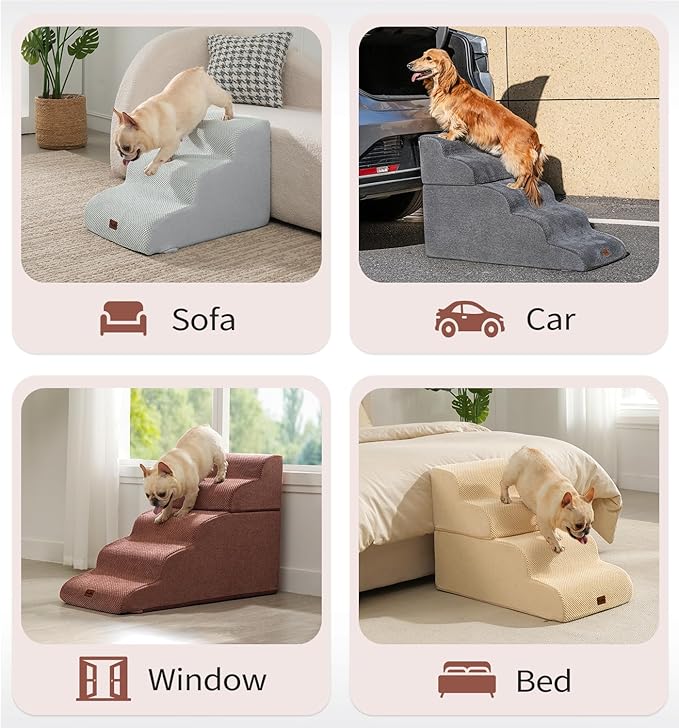Made4Pets Dog Stairs Ramp for Bed, 4-Step Dog Steps for High Bed Couch Sofa Climbing, 35D Foam Pet Steps for Small Dogs and Cats, Non-Slip Bottom Pet Stairs, Brown