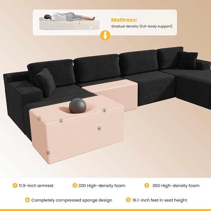 Balshaw 108" Cloud Sectional Couch Sofa with L-Shape Chaise, Modern Modular Sofa Couch Upholstered Couches for Living Room Bedroom, No Assembly Required (Black, U Shape)