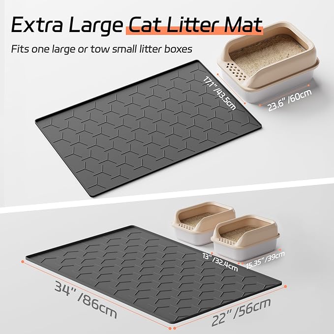 Large Silicone Cat Litter Mat, Waterproof/Urineproof, Litter Recycling, Easy to Clean, Soft on Kitty Paws (22"X34"- Black)