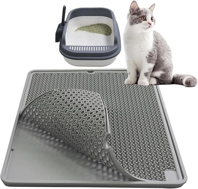 Cat Litter Mat Double Layer, Kitty Litter Box Mat Small Waterproof Urine Proof Trapping, Easy Clean, Silicone Cat Supplies & Accessories for Indoor Pets (Grey, 19.68x14.96x0.39 in)