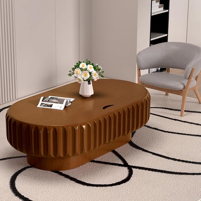 Oval Drum Coffee Table Fluted Coffee Table with Storage Center Table Pedestal End Table for Apartment (43.3in)