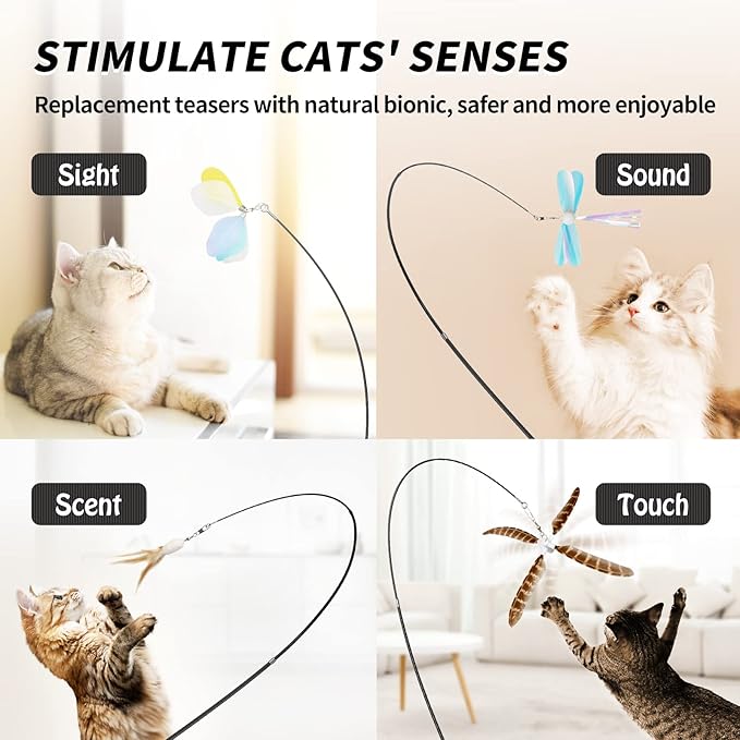 uahpet Natural Feather Cat Toys for Indoor Cats Retractable Kitten Wand 60inch Safe Hunting Distance Interactive Toys for Kittens with 4Pcs Senses Replacement Teasers Arouse Desire to Hunt