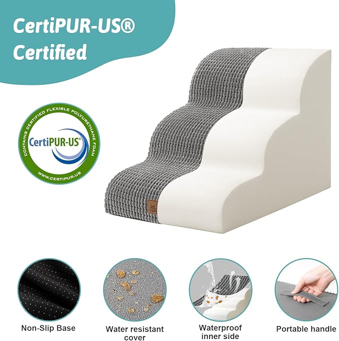 Dog Stairs for Small Dogs 15.7" H, Curved Dog Step for Puppy, Older Cat, Medium Pet Ramp for Sofa, Couch or Chair, Ladder with High Density Foam, 15.7x22.4x15.7 inch, 3 Step, Dark Grey