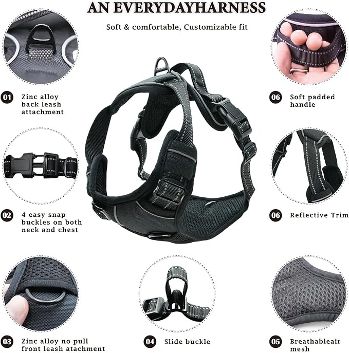 No Pull Dog Harness, Reflective Comfortable Vest Harness with Easy Control Handle Adjustable Soft Padded Pet Vest for Small to X-Large Dogs (Sky Blue, X-Large (Approx Weight:49.60-99.20 LB))