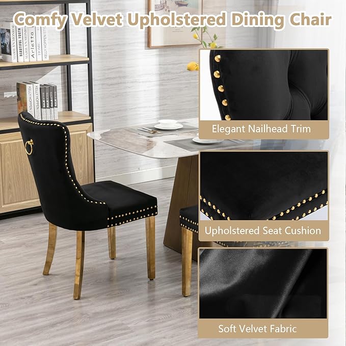 Goujxcy 5 Piece Round Glass Dining Table Set for 4, 47" Round Dining Table & Chair Set Modern Circle Glass Kitchen Table and 4 Velvet Upholstered Chairs for Kitchen Dining (Gold Table & Black Chair)