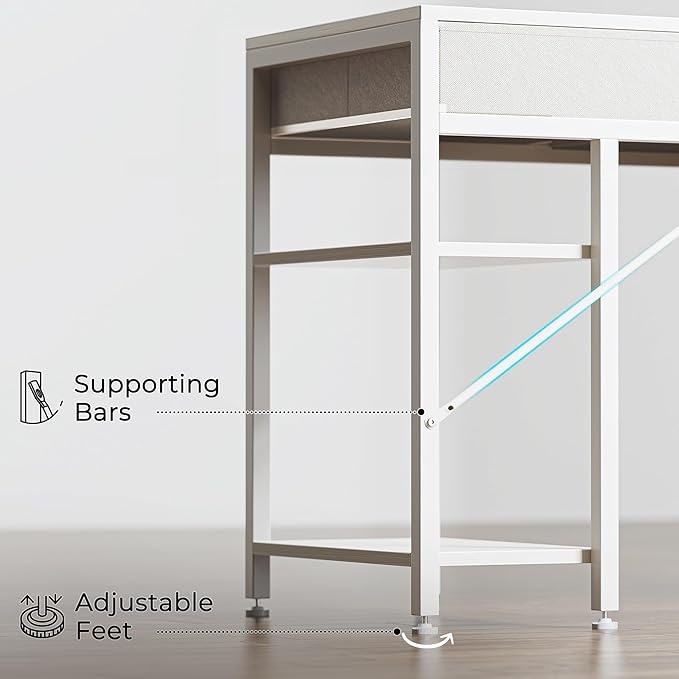 Huuger Computer Desk with 6 Drawers, Office Desk with Shelves, Reversible Gaming Desk, Corner Desk with Storage, Work for Home Office, Study, Living Room, 47inch, White