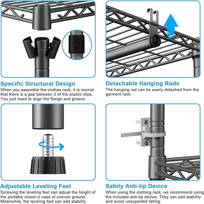 Ulif E13 Heavy Duty Clothes Rack(With 4 Hanger Rods & 8 Shelves) Freestanding Clothing Racks for Hanging Clothes,Adjustable Closet Organizer,Metal Garment Rack 63" W x16 D x77 H,Max Load 900LBS,Grey