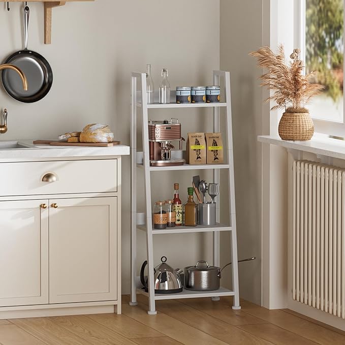 Furologee 4-Tier White Ladder Shelf, Ladder Bookshelf with Removable Drawer, Bookcase Storage Rack Organizer, Freestanding Storage Shelves for Living Room, Home Office, Bedroom