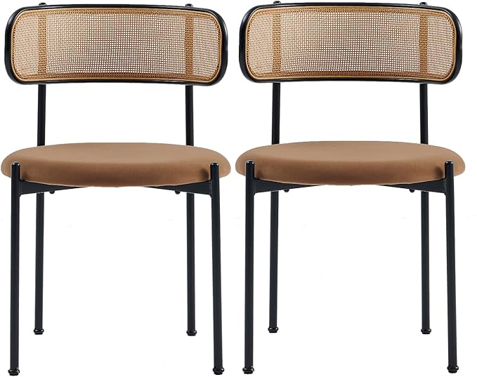 Rattan Dining Chairs Set of 2, Mid Century Modern Dining Chairs with Cane Back and Boucle Upholstered Seat, Farmhouse Kitchen Chairs for Dining Room and Living Room, Brown