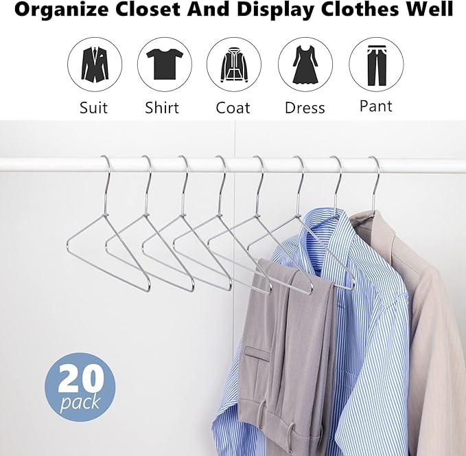 Amber Home 20 Pack Heavy Duty Metal Shirt Coat Hangers, Stainless Steel Clothes Hanger with Polished Chrome, 17 Inch Silver Metal Wire Hanger