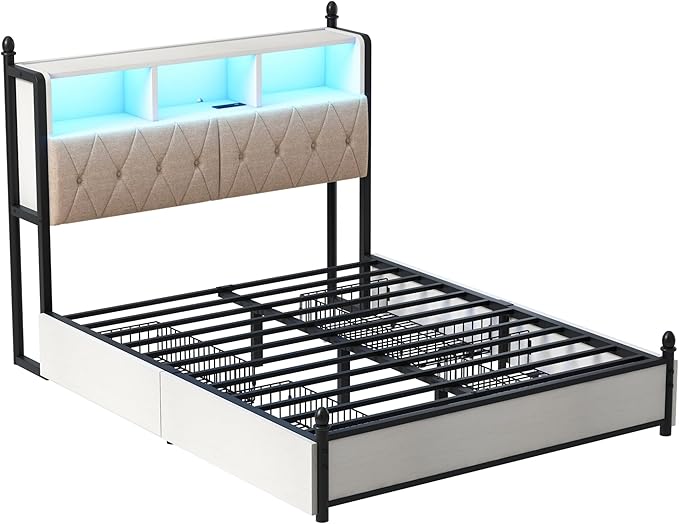 AMERLIFE Full Size Bed Frame with Bookcase Headboard and 4 Storage Drawers, Wooden Platform Bed with Charging Station and LED Light, No Box Spring Needed/Noise-Free, White