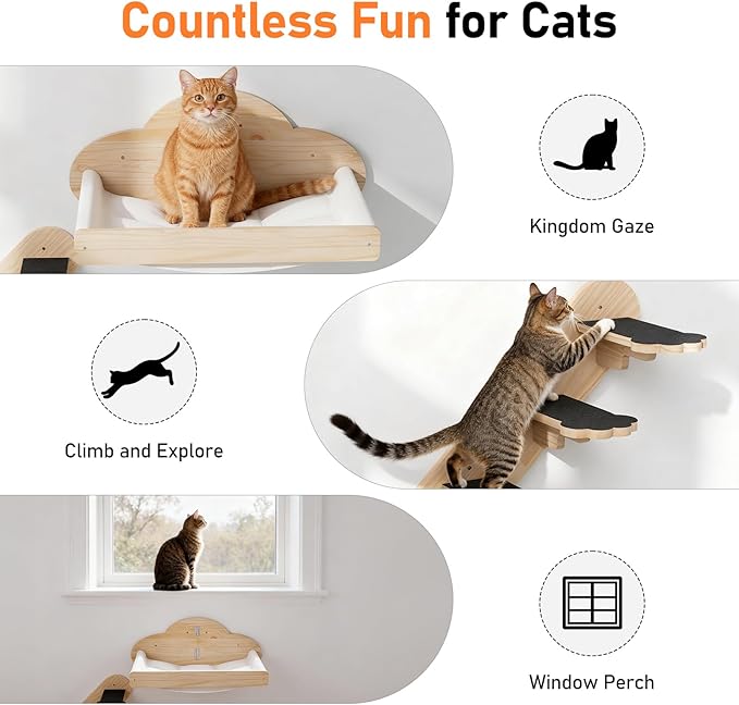 XiaZ Cat Wall Hammock Mounted Bed with 4 Climbing Steps, Modern Cats Shelves and Perches up to 30lbs, Wooden Kitten Wall Furniture for Indoor Sleeping, Playing, Climbing and Lounging