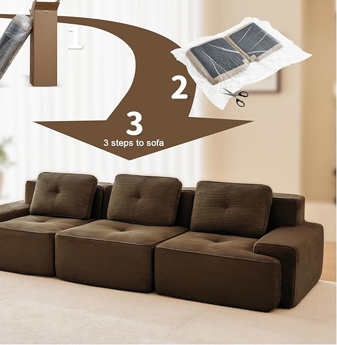 115" Modern Compressed Boneless Couch, 3 Seater Sectional Couches for Living Room, Brown Corduroy Cloud Modular Sectional Sofa, Comfy Memory Foam, Extra Deep, Sofas para Sala, No Assembly