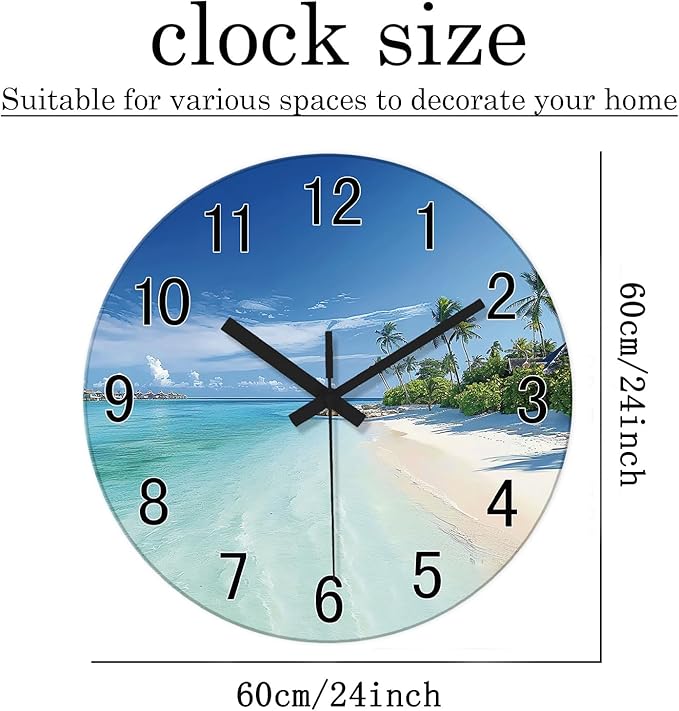XFM Large Wall Clock Battery Operated Beach Coastal Wall Clocks 24 Inch Silent Non-Ticking Tropical Seascape Glass Wall Clock for Living Room Bedroom Kitchen Decor