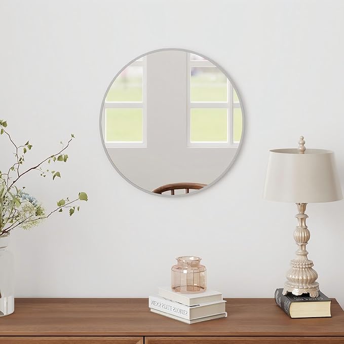 20" Round Mirror Circle Wall Mounted Hanging or Against Wall Metal Frame Dressing Make-up Mirrors for Entryway Bedroom Bathroom Living Room 20 inch Silver