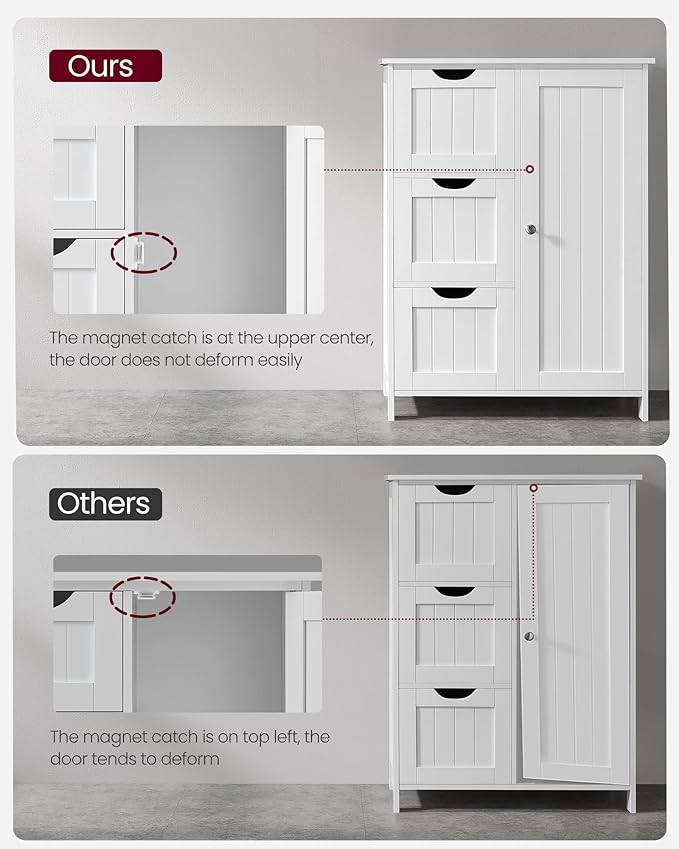 VASAGLE Floor Storage Cabinet, Freestanding Storage Unit with 3 Drawers, 1 Adjustable Shelf, for Bathroom Living Room Dining Kitchen, 11.8 x 23.6 x 31.5 Inches, White UBBC49WT