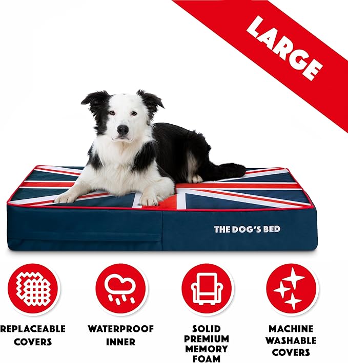 The Dog’s Bed Orthopedic Memory Foam Dog Bed, Large Blue & Red Trim UK Center Flag 40x25, Pain Relief for Arthritis, Hip & Elbow Dysplasia, Post Surgery, Supportive, Calming, Waterproof Washable