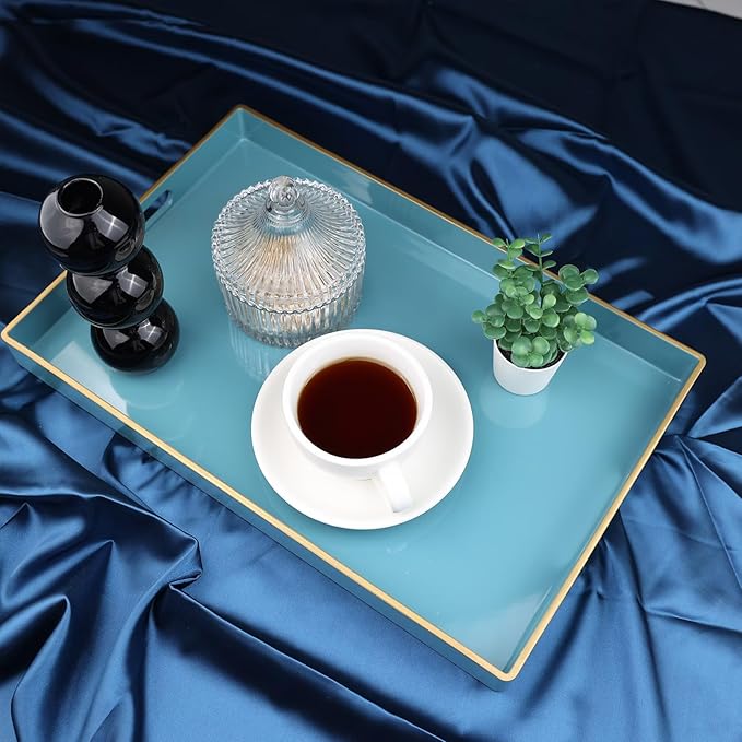 Teal Blue Decorative Coffee Table Tray, Rectangular Plastic Serving Tray with Handles for Living Room, Ottoman, Bathroom, 15.7"*10.2"