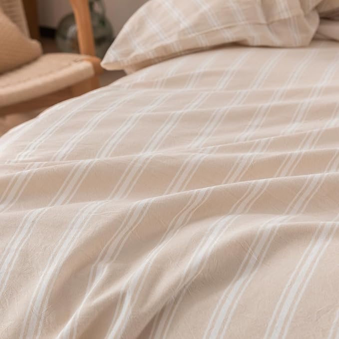 BESTOUCH Duvet Cover Set 100% Washed Cotton Linen Feel Super Soft Comfortable Chic Lightweight 3 PCs Home Bedding Set Almond Grey & White Stripes King