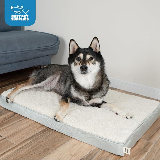 Best Pet Supplies Cute Dog Crate Mat Flat Bed with Waterproof Exterior, Thick Orthopedic Egg Foam Mattress, and Soft Sherpa Fleece Cover for Small, Medium, and Large Breeds - Beige, 30X20X3