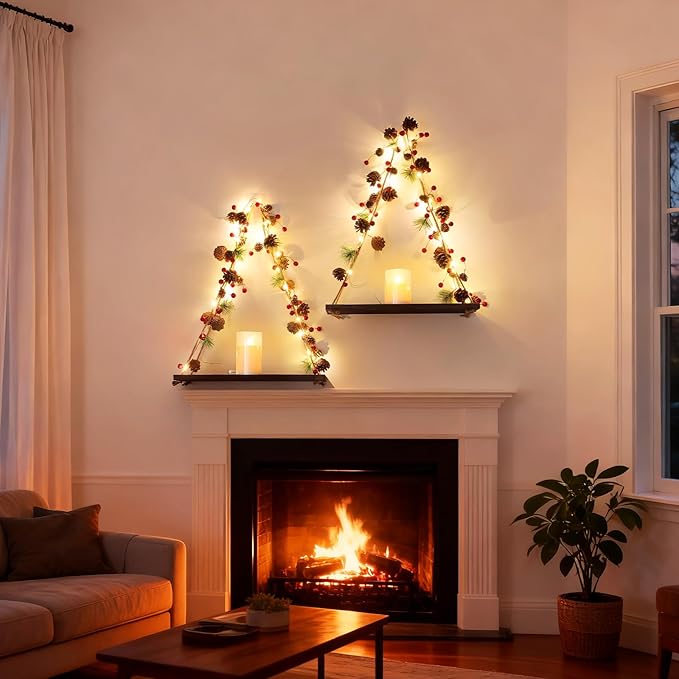 Floating Shelves for Wall, Hanging Shelves with Christmas Pinecone & Bell LED String Light, No Drilling Hanging Shelf, Wood Hanging Plant Shelves for Wall Décor, Boho Decor, Art Bedroom