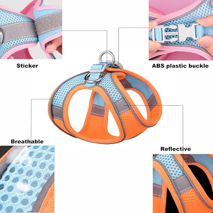 XSmall Dog Harness and Leash Set, No-Pull Puppy Harness for Easy Walk, Breathable Mesh Reflective Cat Vest for XXS Xs Small Medium Breed Pet Dogs, Pink Blue XS