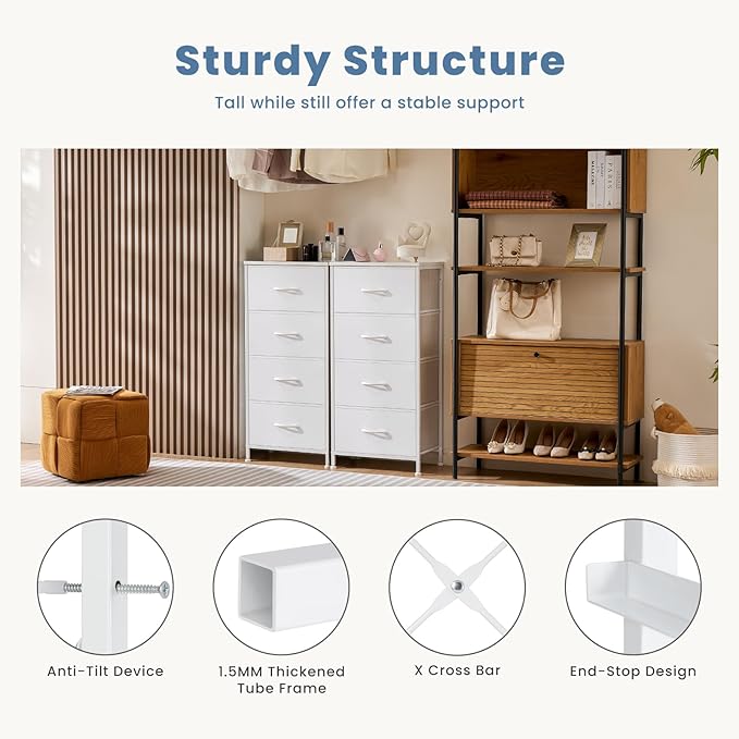 DUMOS Nightstand with 4 Drawers Bedside Table with Removable Fabric Bins Sturdy Steel Frame Wood Top Organizer Furniture for Bedroom Closet Living Room