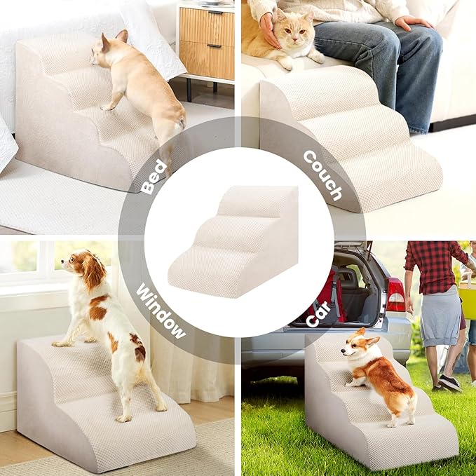 Dog Stairs for Small Dogs, High Density Foam Dog Steps, Extra Wide Non-Slip Pet Ramp for High Beds Or Couch, Soft Doggie Ladder for Dogs Injured, Older Pets, Small Cats