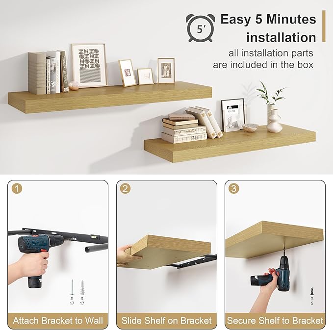 Heimlove Bathroom 12'' Deep Floating Shelves for Wall - Shelf Over Toilet Mounted Farmhouse 24 inches,Rustic Wood Shelves Decor & Storage Set of 1 Oak