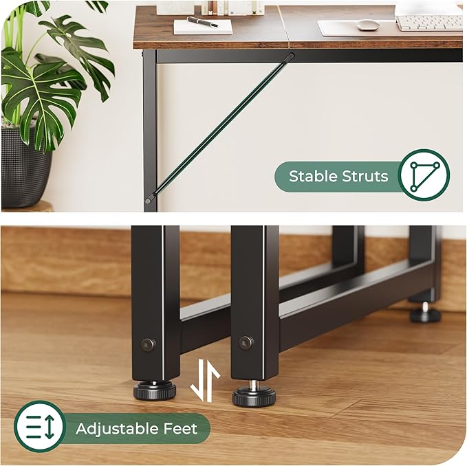 Huuger Computer Desk, 63 Inch Office Desk, Gaming Desk with Storage, Writing Desk Work Desk for Home Office, Study, Modern Simple Desk, Large Legroom, Metal Frame, Rustic Brown